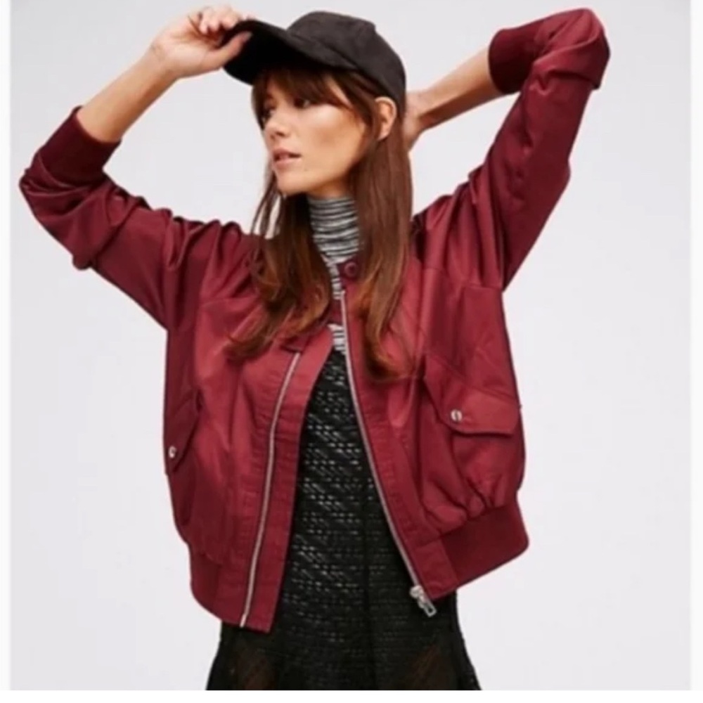 Free People Burgundy Bomber Jacket Size small